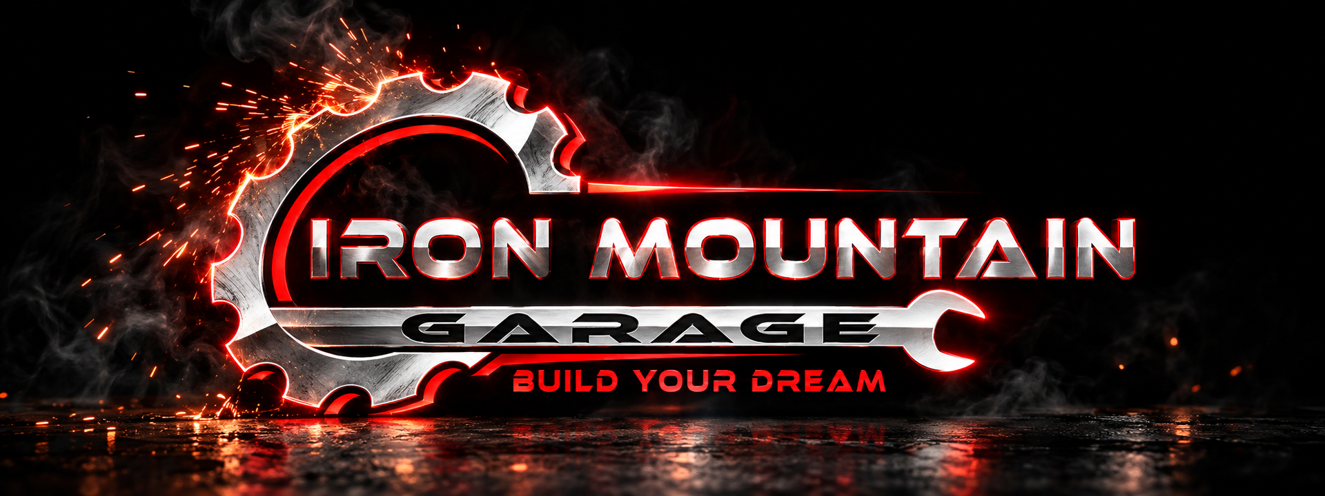 Iron Mountain Garage startup artwork with brushed-metal gear, wrench, red lighting and sparks.