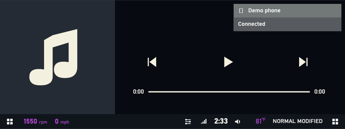 Photo-referenced browser reproduction of the display's media screen, with music-note artwork and original-style transport controls.